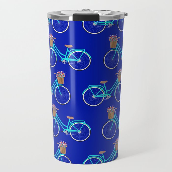 Bicycle with flower basket on blue Travel Mug