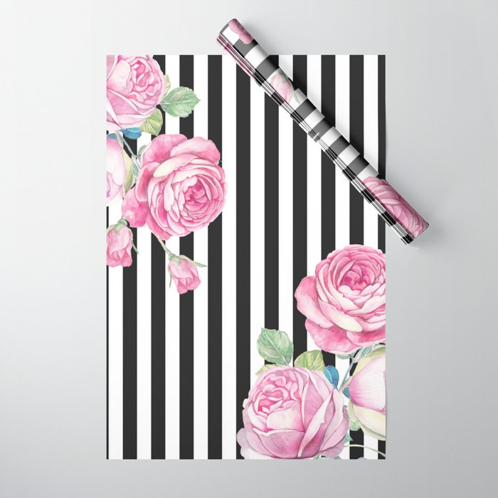 Black white blush pink watercolor floral stripes Wrapping Paper by Pink  Water