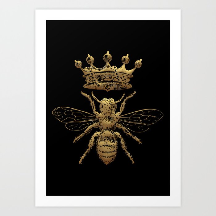 Queen Bee | Vintage Bee with Crown | Gold and Black | Art Print