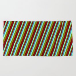 [ Thumbnail: Blue, Aquamarine, Green & Maroon Colored Stripes Pattern Beach Towel ]