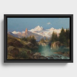 Snow-capped Rocky Mountains landscape painting by Thomas Moran Framed Canvas