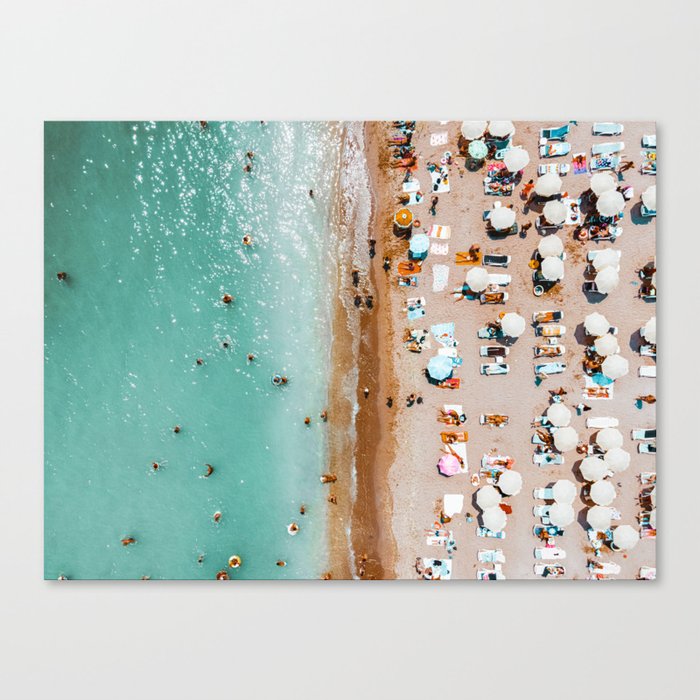 Summer Ocean View, Aerial Beach Umbrellas Seaside Art Print, Teal Sea Horizon Home Decor, Printable Summer Vibes Canvas Print