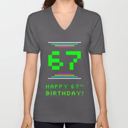 [ Thumbnail: 67th Birthday - Nerdy Geeky Pixelated 8-Bit Computing Graphics Inspired Look V Neck T Shirt V-Neck T-Shirt ]