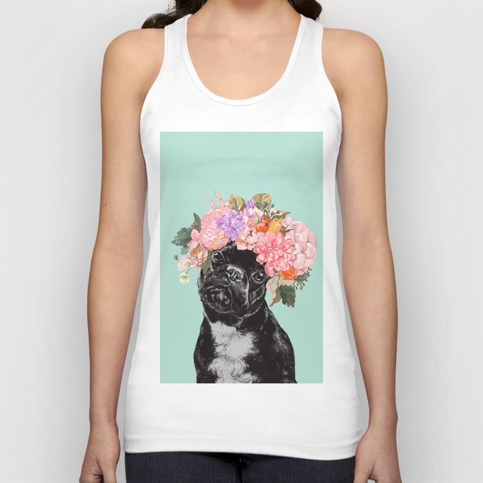 French Bulldog with Flowers Crown in Green Tank Top