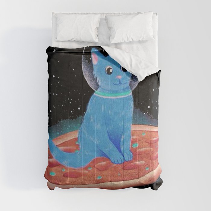 Cat Ride A Pizza Ship on Space Comforter
