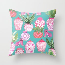 Pink Chinese ginger jars on teal with calathea plants and palms Throw Pillow
