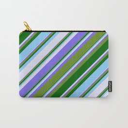 [ Thumbnail: Vibrant Medium Slate Blue, Green, Dark Green, Light Sky Blue & Lavender Colored Stripes Pattern Carry-All Pouch ]