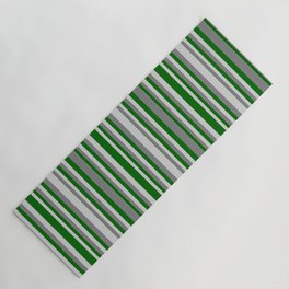 [ Thumbnail: Grey, Light Grey & Dark Green Colored Striped Pattern Yoga Mat ]