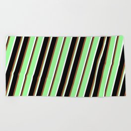 [ Thumbnail: Sienna, Green, White & Black Colored Lined Pattern Beach Towel ]