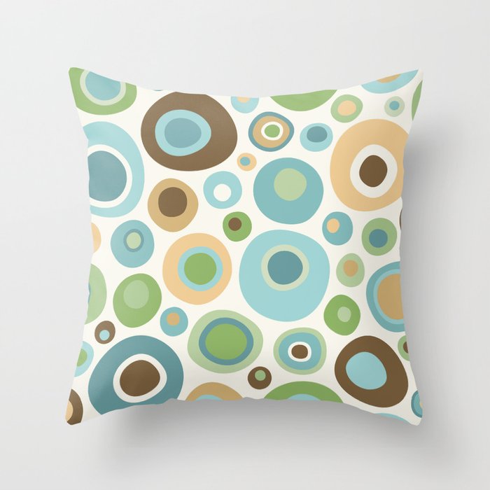 Mid Century Modern Circles // Brown, Green, Gold, Ocean Blue, Sky Blue, Turquoise, Ivory Throw Pillow