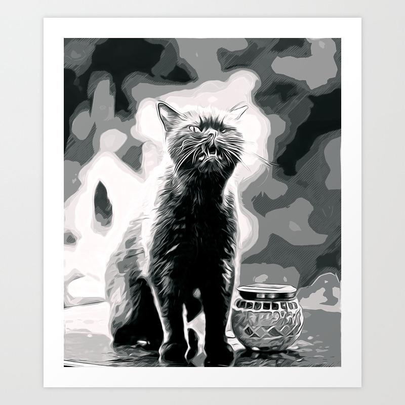 British Shorthair Cat Ready To Attack Vector Art Black White Art