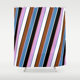 [ Thumbnail: Vibrant Brown, Plum, Blue, White, and Black Colored Lined/Striped Pattern Shower Curtain ]