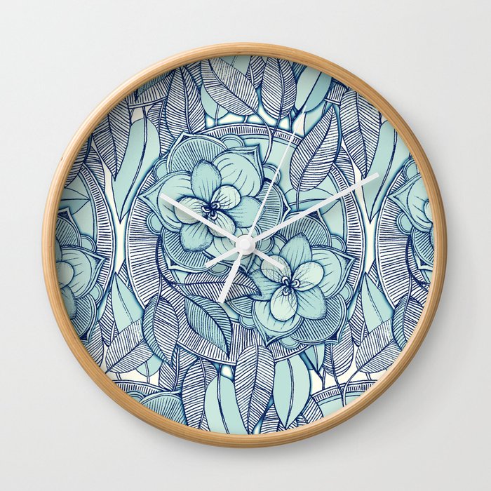 Teal Magnolias - a hand drawn pattern Wall Clock