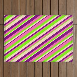 [ Thumbnail: Purple, Hot Pink, Green & Bisque Colored Lined Pattern Outdoor Rug ]