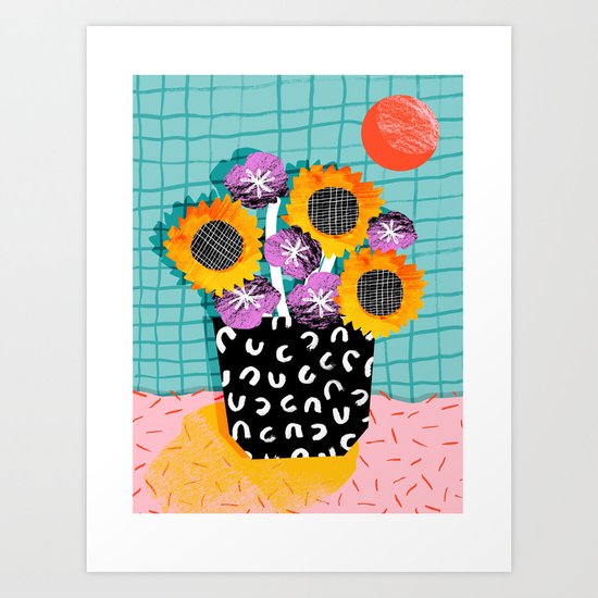 Wowsers - abstract retro throwback still life floral vase flowers grid memphis patterns Art Print