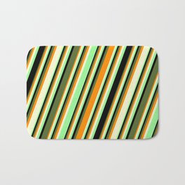[ Thumbnail: Colorful Dark Orange, Light Yellow, Green, Black, and Dark Olive Green Colored Pattern of Stripes Bath Mat ]