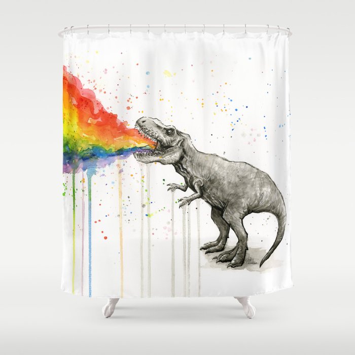 T-Rex Dinosaur Vomits Rainbow Shower Curtain