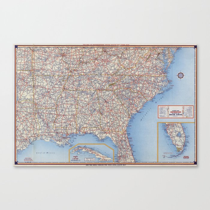 Highway Map Southeastern Section of the United States - Vintage Illustrated Map-road map Canvas Print