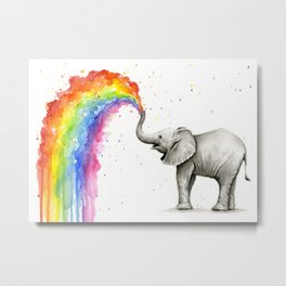 Baby Elephant Spraying Rainbow Metal Print