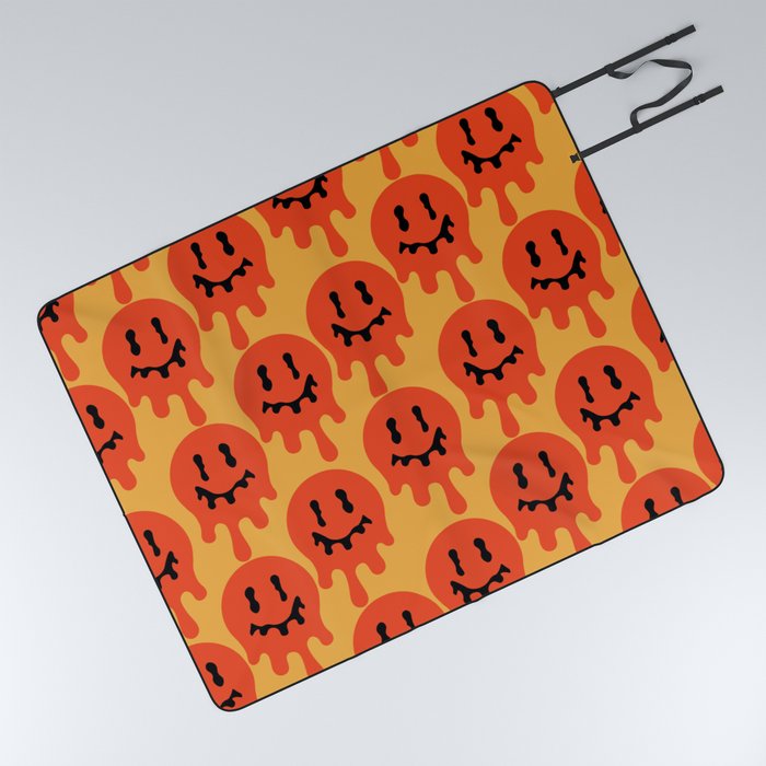 Melted Smiley Faces Trippy Seamless Pattern - Red Picnic Blanket