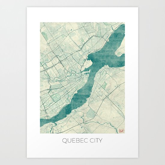 Quebec City Map Blue Vintage Art Print