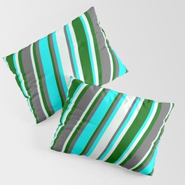 [ Thumbnail: Dim Grey, Cyan, Mint Cream & Dark Green Colored Stripes Pattern Pillow Sham ]