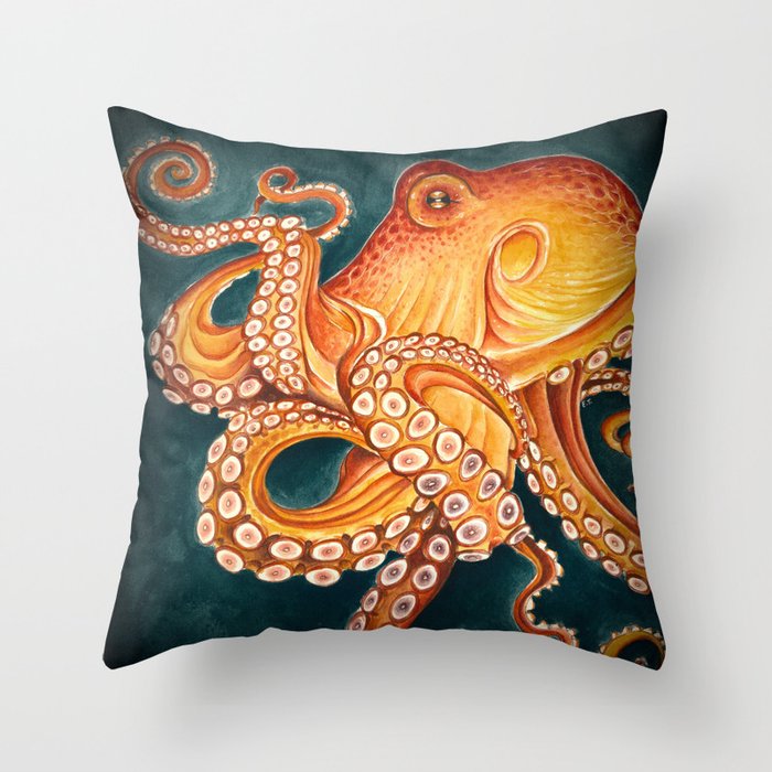 Orange Yellow Octopus in Dark Teal Ocean Watercolor Throw Pillow
