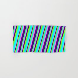 [ Thumbnail: Chartreuse, Aqua, Violet, and Indigo Colored Striped/Lined Pattern Hand & Bath Towel ]