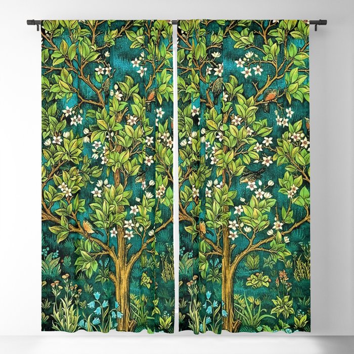 William Morris Tree of Life Emerald Twilight floral textile 19th century pattern print for drapes, curtains, pillows, duvets, comforters, and home and wall decor Blackout Curtain