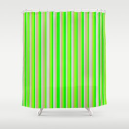 [ Thumbnail: Tan, Chartreuse, Lime & Light Grey Colored Striped/Lined Pattern Shower Curtain ]