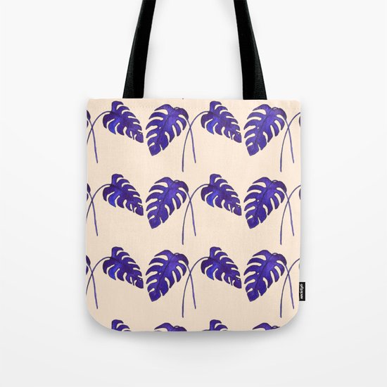 Indigo Monstera Leaf Watercolor on Blush Tote Bag