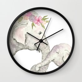 Elephant Mother and Baby Watercolor Wall Clock