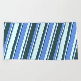 [ Thumbnail: Cornflower Blue, Light Cyan, and Dark Slate Gray Colored Pattern of Stripes Beach Towel ]