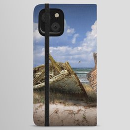 Stranded Boats on a Beach under a Cloudy Blue Sky iPhone Wallet Case
