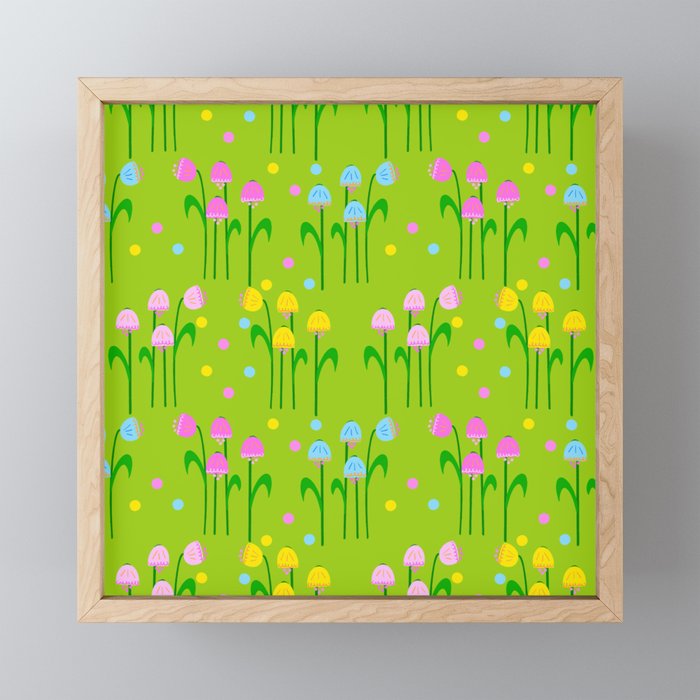 Sweet Blue Bells Flowers Meadow Spring Colors Flowers In Pink, Turquoise And Bright Yellow With Polka Dots Retro Modern Ditzy Scandi Floral PatternOn A Grass Green Field Framed Mini Art Print
