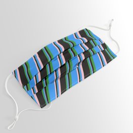 [ Thumbnail: Blue, Pink, Black, and Forest Green Colored Striped Pattern Face Mask ]