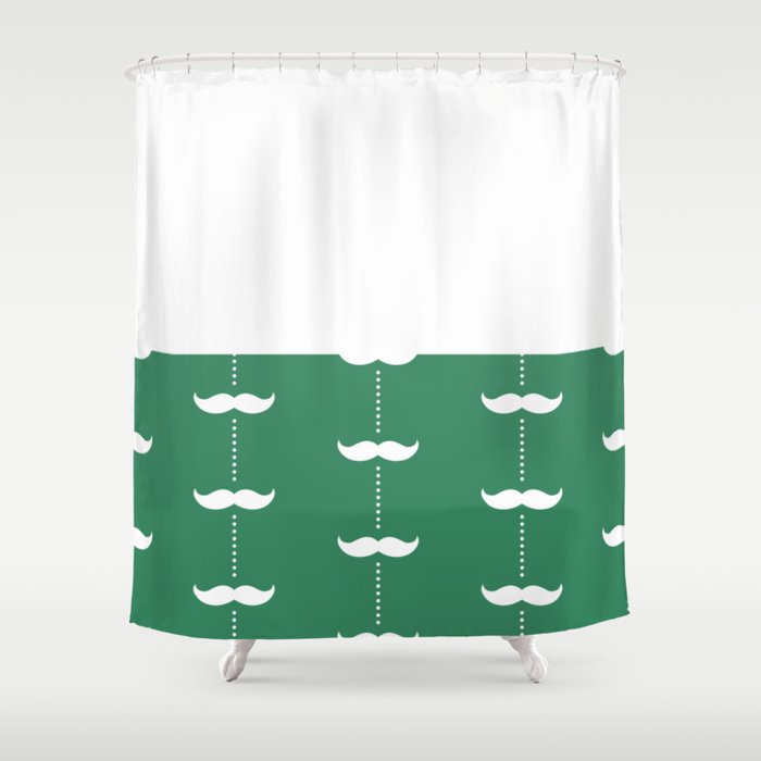 White Mustache on Christmas Green and White Horizontal Split Shower Curtain