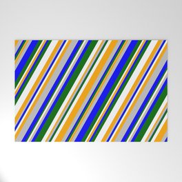 [ Thumbnail: Eyecatching Grey, Blue, Dark Green, White, and Orange Colored Stripes/Lines Pattern Welcome Mat ]