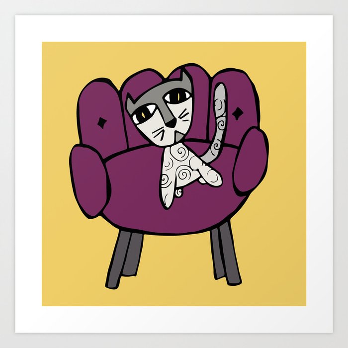 Cat Sitting in Purple Armchair Art Print