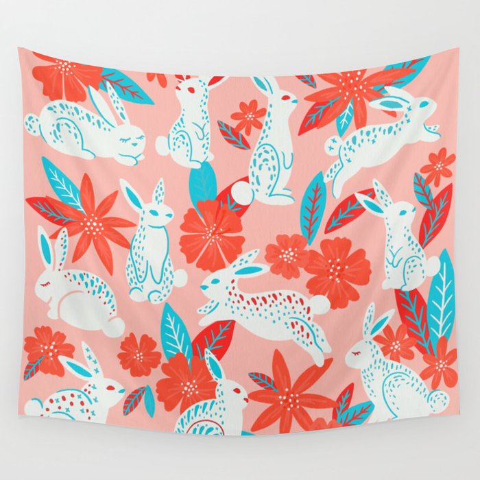 Bunnies & Blooms – Magenta & Cyan Wall Tapestry