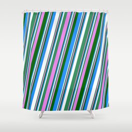 [ Thumbnail: Vibrant Sea Green, Violet, Dark Green, Blue, and White Colored Stripes/Lines Pattern Shower Curtain ]