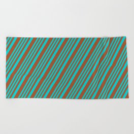 [ Thumbnail: Dark Turquoise and Sienna Colored Striped/Lined Pattern Beach Towel ]