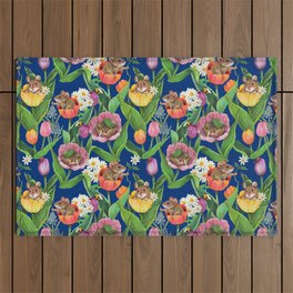 Spring Tulips with Cute Mouse - blue Outdoor Rug