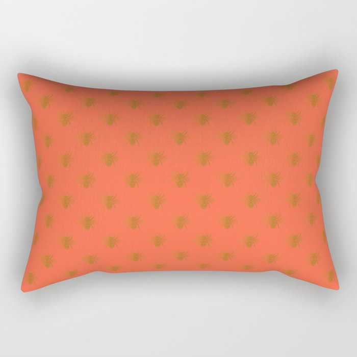 Golden Bees in Faux Metallic Photo Effect Shiny Gold Foil on Coral Rectangular Pillow