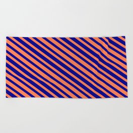 [ Thumbnail: Coral & Dark Blue Colored Stripes Pattern Beach Towel ]