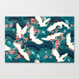 Japanese Crane Oriental Teal Ocean Pattern Canvas Print