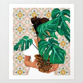 Monstera Plant Lady | Modern Bohemian Morocco Decor | Tropical Botanical Tiles Art Print
