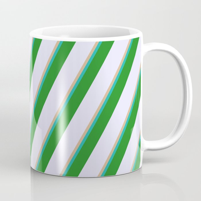 Tan, Light Sea Green, Forest Green, and Lavender Colored Lined/Striped Pattern Coffee Mug