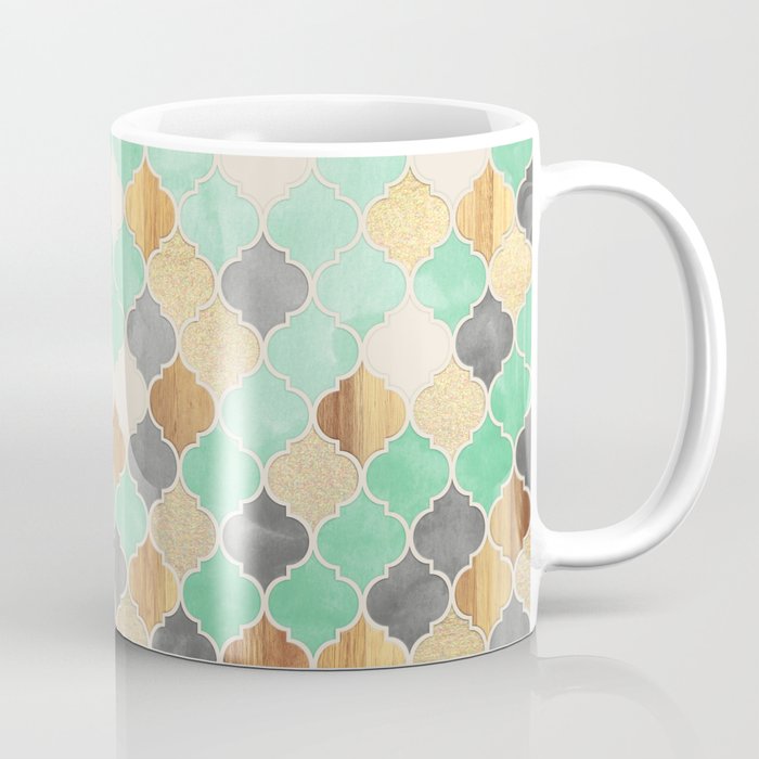 Charcoal, Mint, Wood & Gold Moroccan Pattern Coffee Mug