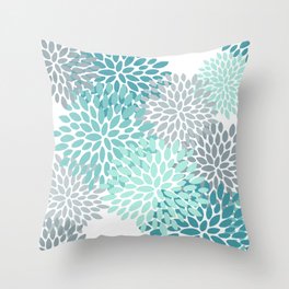 Floral Pattern, Aqua, Teal, Turquoise and Gray Throw Pillow | Pattern, Aqua, Autumn, Summer, Garden, Grey, Turquoise, Xmas, Chrysanthemum, Holiday 